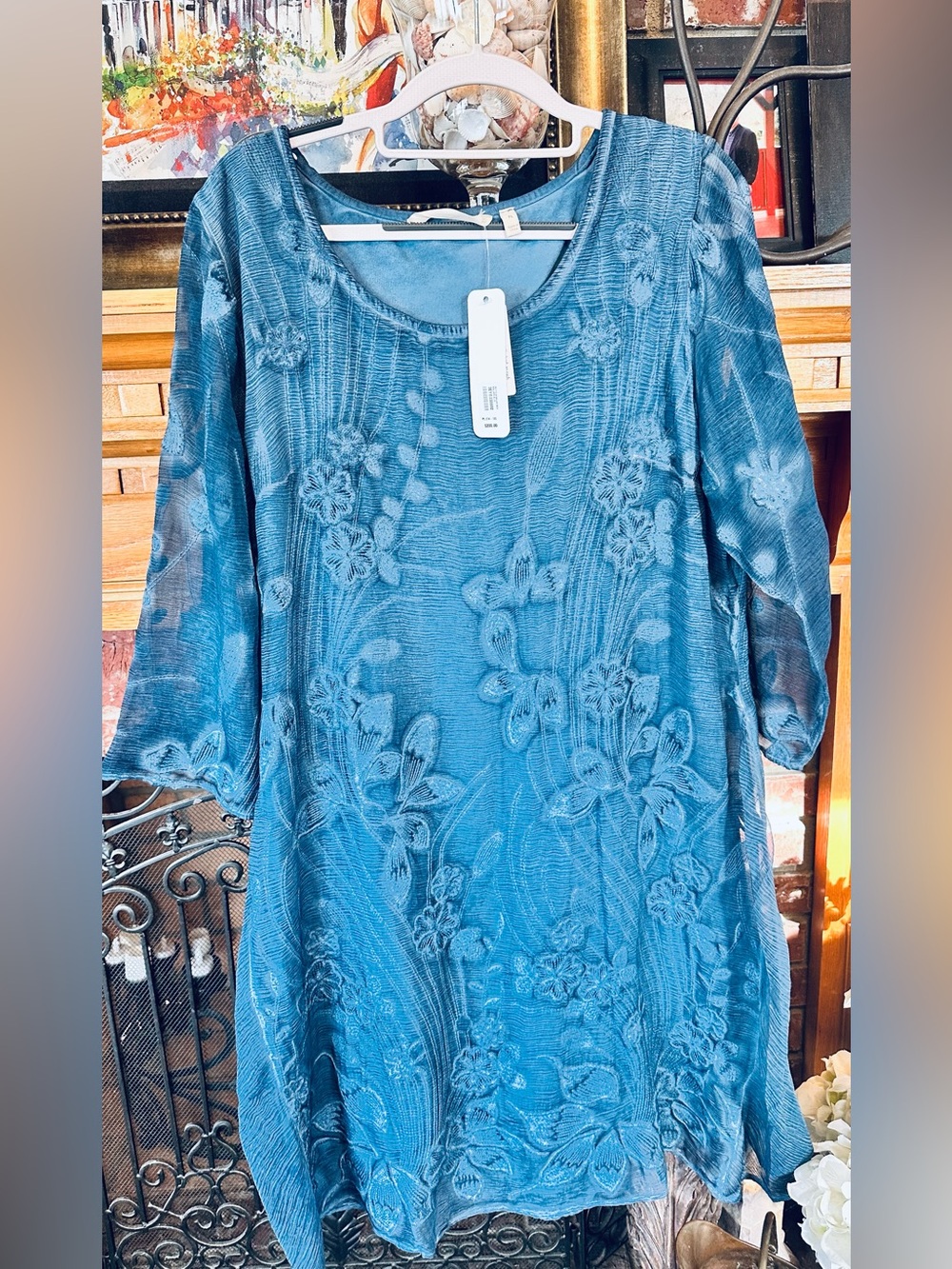 Soft Surroundings Teal-Blue Floral Embroidered Silk Dress, Petite Large, NWT